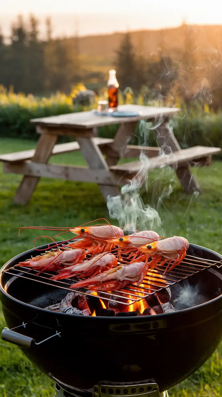 Langoustine grilling on a barbecue at sunset