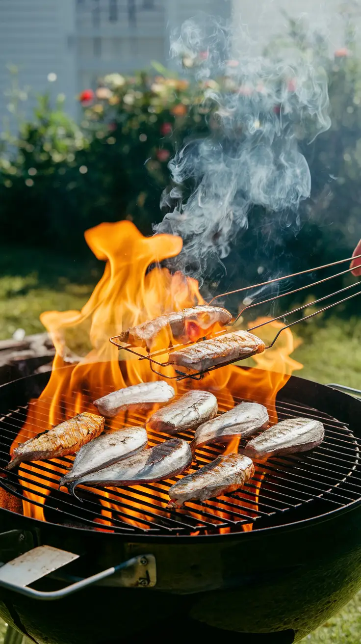 Grilling Atlantic Horse Mackerel Fillets Outdoors