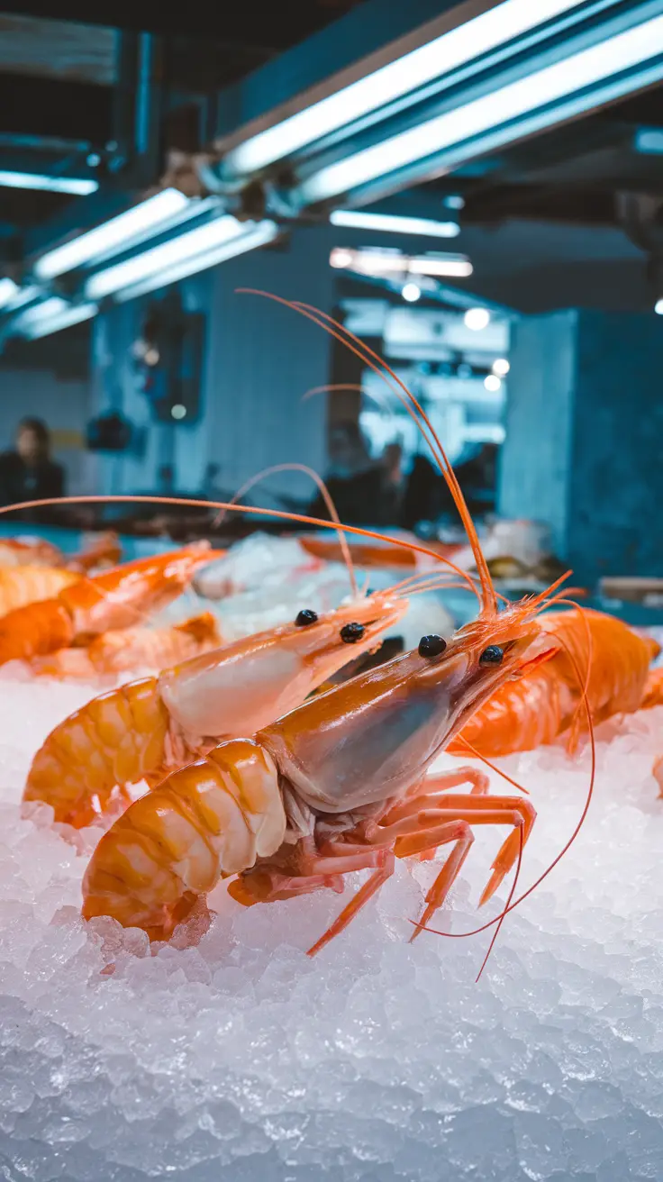 Raw langoustine on ice in a seafood market