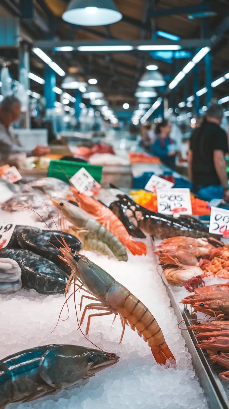 Freshwater Prawns on Ice at Seafood Market