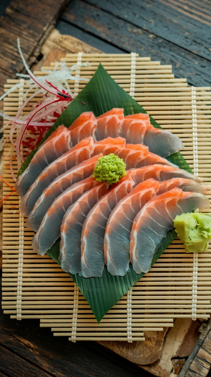 Sashimi of fish on Bamboo Mat