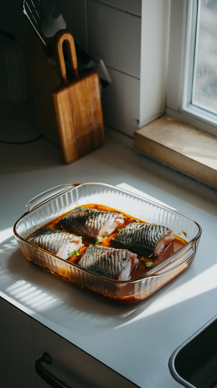 Drum Fish Fillets Marinating on a Kitchen Counter