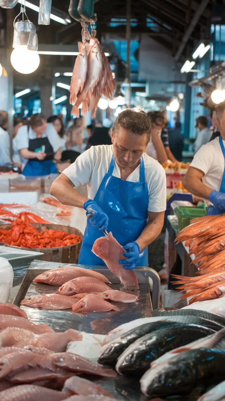 Weakfish Being Filleted in a Market