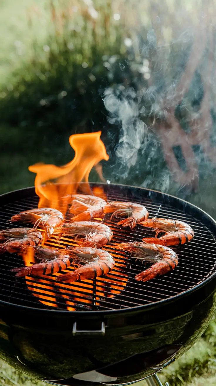 Shrimps Cooking on a Grill